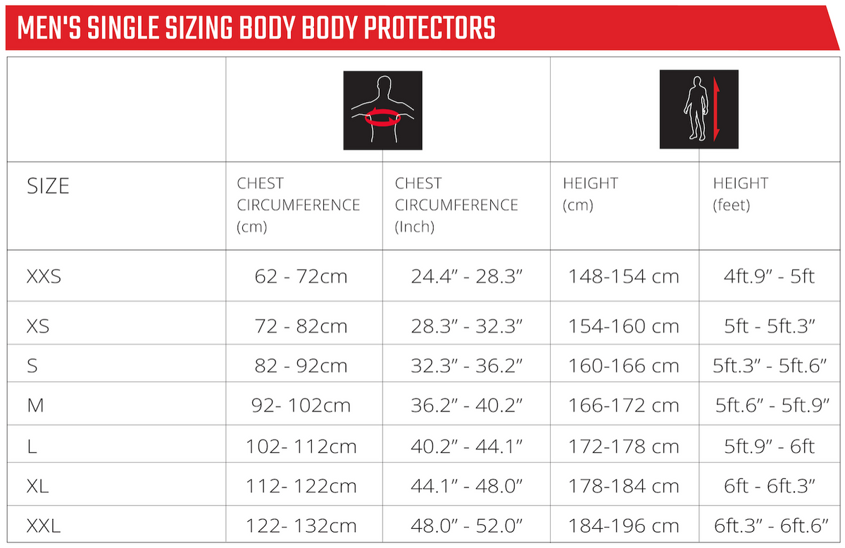 Single Sizing Body Protector | Size guide